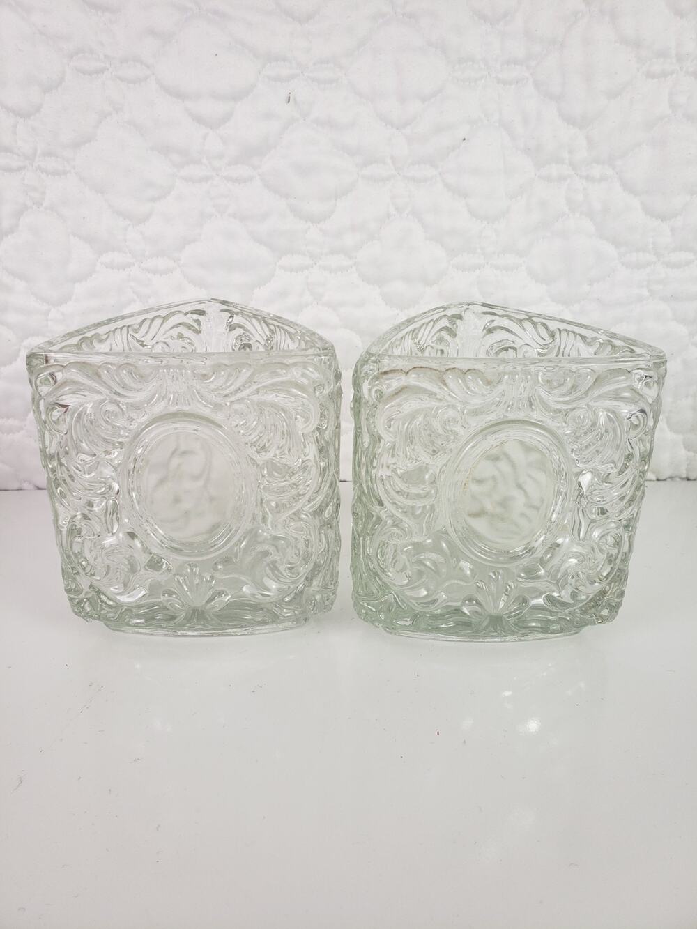 Vintage Avon Triangle Candle Holder Crystal Collection Heavy Embossed Vase 2 Pcs